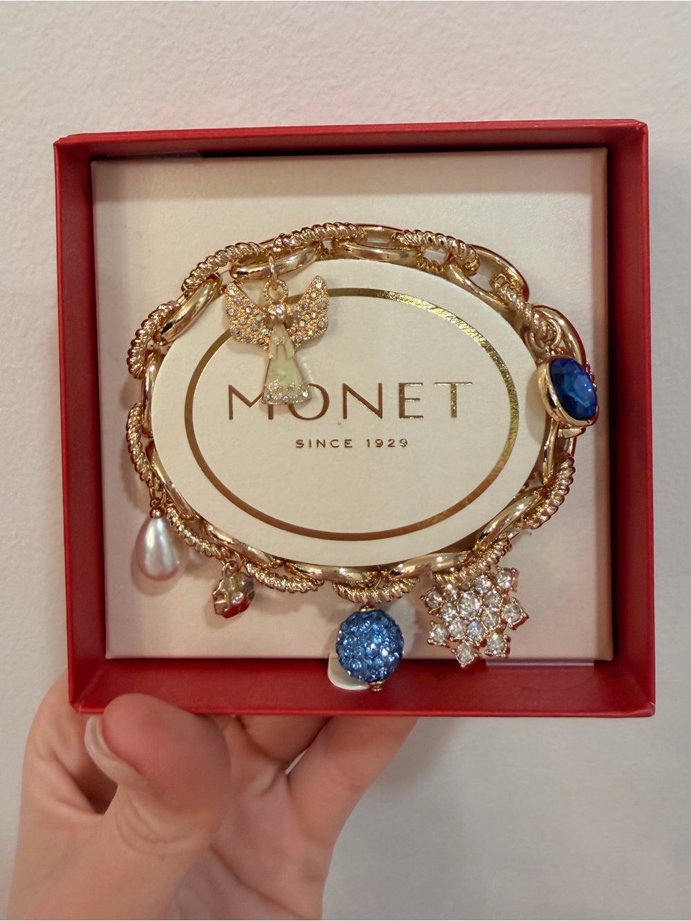 Monet Gold-Tone Charm Bracelet with Blue, Pearl and Clear Crystal Accents